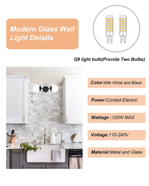 Black Two Light Globe Wall Sconce Modern Indoor Lighting with G9 Bulbs Installed Over Kitchen Sink, Metal and Glass Design