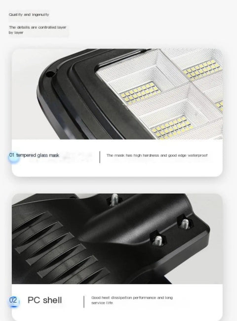 Close-up view of Heavy Duty Solar Flood Light With Wireless Remote Control showing tempered glass and PC shell for durability.