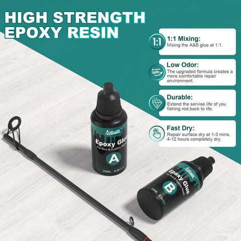 Essential Fishing Rod Repair Kit With Strong Epoxy Glue Durable Wrapping Cord And Grip Tape Fast Guide Eyelet Reset showcases epoxy glue bottles and fishing rod.