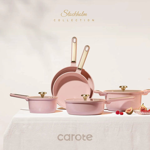 Nonstick Cookware Set 14 Piece, PFAS Free And Non Toxic, Dishwasher Safe, Camping And RV Ready, Pink Blush Granite Coated Display