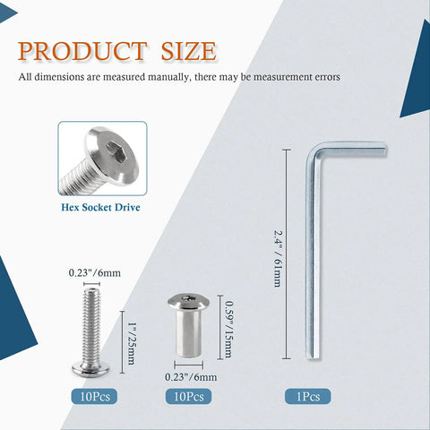 Complete Set Of Heavy Duty M6x25mm Hex Socket Cap Bolts With Allen Wrench And Barrel Nuts Zinc Steel Furniture Hardware Hella Tough For Cribs And Cabinets No Sweat Assembly Guaranteed, size and dimensions.