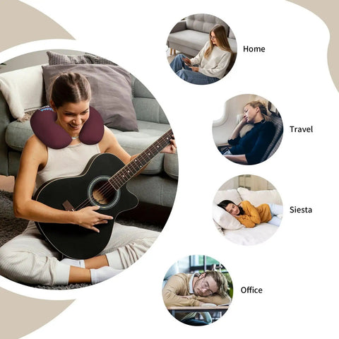 Person using Custom U Shaped Neck Pillow With Your Design, maroon memory foam pillow for home, travel, siesta, and office use