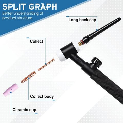 Split graph of Air Cooled TIG Torch 150A Lift TIG with WP17V Plug 13 Foot Cable, showing parts including collect and ceramic cup.