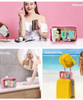 Clear Sunscreen Zipper Bag For Beach And Pool with glitter sun design, shown as makeup, toiletry, and travel bag in various settings