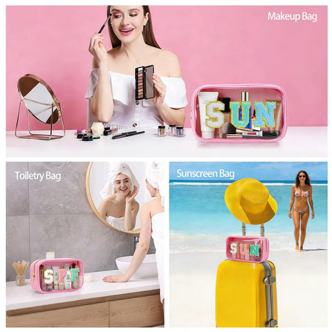 Clear Sunscreen Zipper Bag For Beach And Pool with glitter sun design, shown as makeup, toiletry, and travel bag in various settings