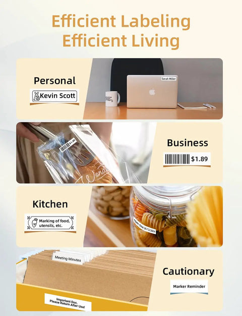 Portable Bluetooth Label Maker Straight Up Game Changer For Home Office And Storage Dope Rechargeable Label Printer With Waterproof Tape Rolls displaying various labeled items for organization.