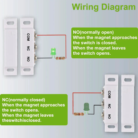 Wiring diagram for Magnetic Reed Switch NC NO Proximity Sensor for door alarm and window safety DC 5V 12V 24V compatibility