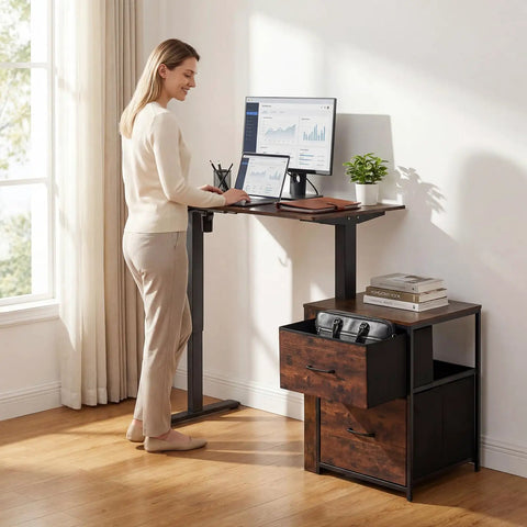 Woman using Smooth Electric Sit Stand Desk with motorized height adjustment, spacious 46-inch brown surface for monitors and laptops.