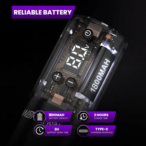 Close-up of 1800mAh battery from Wireless Tattoo Kit For Beginners All In One Rotary Pen Tattoo Gun Set showing capacity and features.