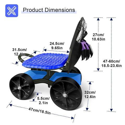Side view of Garden Cart Rolling Stool With Four Wheels And Tool Bag Adjustable Seat Height And Direction