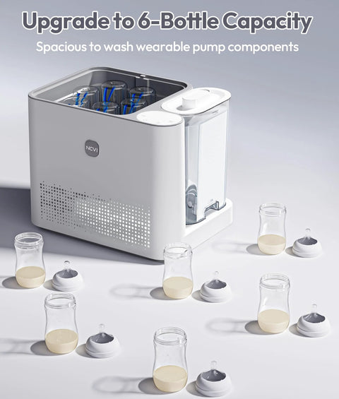 Front view of NCVI white countertop baby bottle washer sterilizer with six bottle slots.