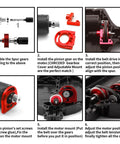 Race-Grade TT02 Belt Drive RC Car Transmission System assembly guide for 36T aluminum pulley and 16T gear in red on Tamiya 1/10 4WD RC.