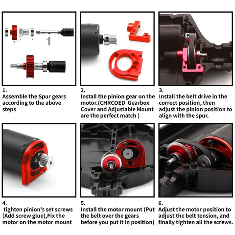 Race-Grade TT02 Belt Drive RC Car Transmission System assembly guide for 36T aluminum pulley and 16T gear in red on Tamiya 1/10 4WD RC.