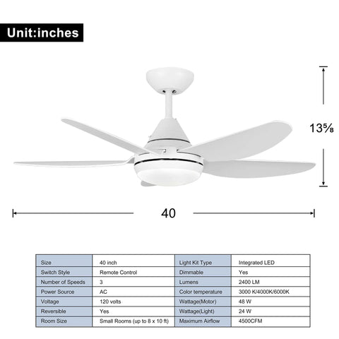 Dope 40 Inch Indoor Ceiling Fan With LED Light Remote Control White Finish Five Blade Motor Included Energy Efficient 23W LED