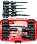 Score Big On Fine Woodwork With This 15 Piece Countersink Tapered Drill Bit Kit featuring black drill bits and wood plug cutters in red case.