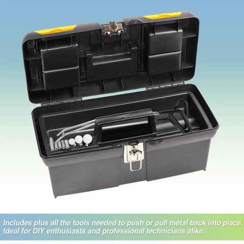 Paintless Dent Repair Kit With 23 Tools Including 3 Dent Rods And 20 Awl Heads in open black toolbox for car dents.