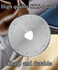 45mm Rotary Cutter Blades 10 Pack Compatible With Olfa And Fiskars Replacement Blades for fabrics, showing SKS-7 steel blade closeup