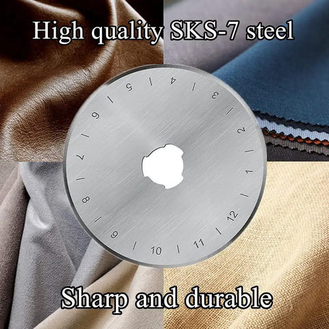 45mm Rotary Cutter Blades 10 Pack Compatible With Olfa And Fiskars Replacement Blades for fabrics, showing SKS-7 steel blade closeup