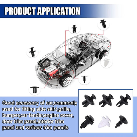 Diagram showing 100 Piece Car Bumper Retainer Clips Set Tough Durable Plastic Fasteners for various auto applications