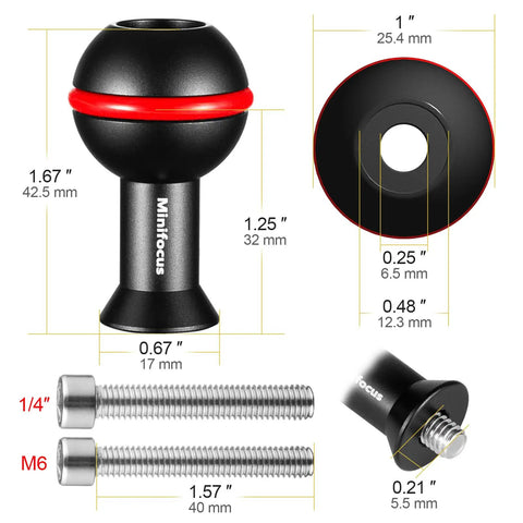One Inch Ball Head Adapter With M6 And One Quarter Inch Threaded Studs Aluminum Alloy Rock Solid Fixed Ballhead Mount dimensions
