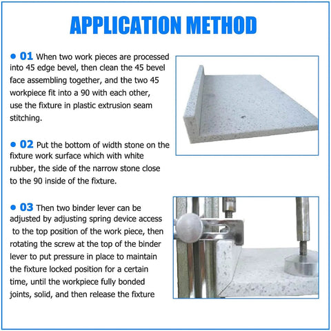 45 Degree Stone Mitre Clamp For Countertop Seam Splicing with application method instructions and granite setup
