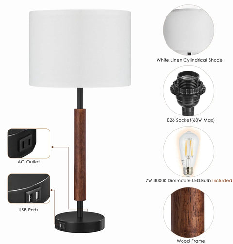 Tall Table Lamps Set Of 2, 27 Inch Touch Control Nightstand Lamps With 2 USB Ports And AC Outlet, 3 Way Dimmable