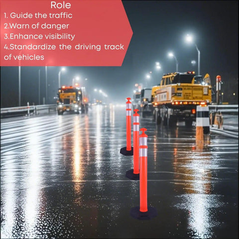 Real McCoy Heavy Duty Traffic Delineator Posts With Weighted Rubber Bases And Bright Reflective Strips For Parking Lot Safety Markers Road Construction Warning Stakes 42 Inch Tall Six Pack in a rainy road setting.