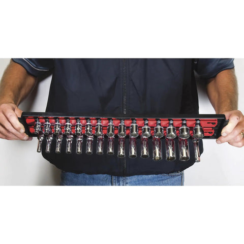 Person holding 18-Inch Socket Boss 2 Rail 1/2-Inch Drive Socket Organizer With Twist Lock Secure Hold for Toolbox Drawers