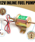 Heavy Duty 12V Low Pressure Fuel Supply Pump For Cars And Motorcycles Plunger Transfer Unit showing gold finish and connection wires.