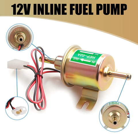 Heavy Duty 12V Low Pressure Fuel Supply Pump For Cars And Motorcycles Plunger Transfer Unit showing gold finish and connection wires.