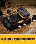 Dual 12V To 20V MAX Battery Charger For Li Ion Batteries With Two USB Ports and LED Charge Status on wooden surface