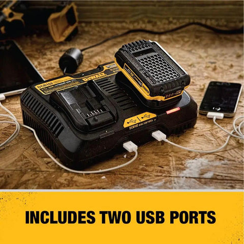 Dual 12V To 20V MAX Battery Charger For Li Ion Batteries With Two USB Ports and LED Charge Status on wooden surface