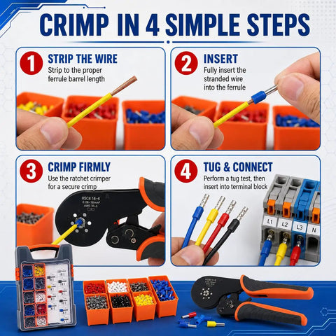 Steps to use the All In One Ferrule Crimping Kit With Self Adjusting Ratchet Crimper Includes 1300 Ferrules 950 Single 350 Twin