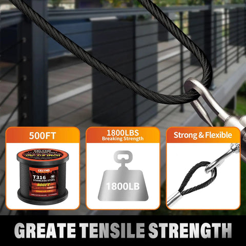 Black T316 Stainless Steel Cable for Railing, One Eighth Inch Wire Rope, 500 Feet Roll, Marine Grade Deck Cable Kit