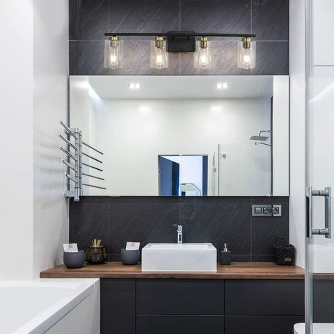 4 Light Bathroom Vanity Light Fixture Modern Black And Gold Sconce Wall Lights Over Mirror With Clear Glass Shades For Powder Room Hallway