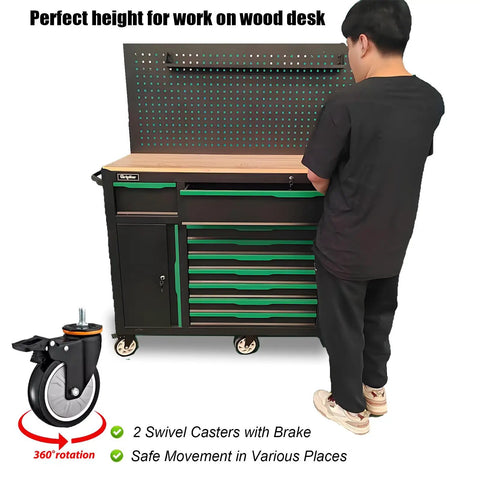 Person using 13 Drawer Rolling Tool Cabinet With Wood Workbench And Pegboard Heavy Duty Steel Tool Storage With Lock And Key Includes 348 Piece Pro Grade Tool Set Ideal For Home Garage Or Workshop Organization