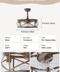 Metnaour 20 Inch Fandelier Caged Ceiling Fan with Lights and Remote, Rustic Farmhouse Bladeless Ceiling Fan, Quiet Reversible 6-Speed Chandelier Fan with Timer for Bedroom Kitchen, Dark Brown, showing dimensions and metal design.