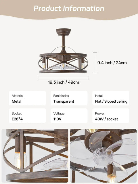 Metnaour 20 Inch Fandelier Caged Ceiling Fan with Lights and Remote, Rustic Farmhouse Bladeless Ceiling Fan, Quiet Reversible 6-Speed Chandelier Fan with Timer for Bedroom Kitchen, Dark Brown, showing dimensions and metal design.