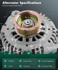 Close-up view of Beefed Up 125Amp 12V Alternator Replacement For Infiniti I30 3.0L 1998-2000, 6-groove pulley, internal fan.