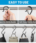 17 Pack S Hooks With Safety Lock Clip, 3.5 Inch Stainless Steel S Shaped Locking Hooks For Dorm Kitchen Plants Pots Towels Bags, Heavy Duty Space Saver, Black shown in use on rod holding bags with lock open and closed.