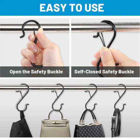 17 Pack S Hooks With Safety Lock Clip, 3.5 Inch Stainless Steel S Shaped Locking Hooks For Dorm Kitchen Plants Pots Towels Bags, Heavy Duty Space Saver, Black shown in use on rod holding bags with lock open and closed.