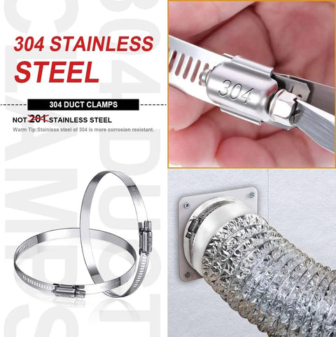 Stainless steel 304 duct clamps and flexible duct in 7 Inch Flexible Ducting Kit With 25 Feet Aluminum Pro Grade Vent Hose Insulated.