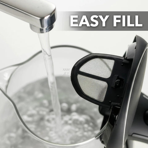 1.5L Borosilicate Glass Electric Kettle With Auto Shut Off, Boil Dry Protection, BPA Free, filling with water at sink