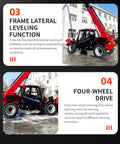 Heavy Duty Hydraulic Telehandler With Extendable Boom Loader showcasing lateral leveling and four-wheel drive features.