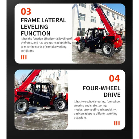 Heavy Duty Hydraulic Telehandler With Extendable Boom Loader showcasing lateral leveling and four-wheel drive features.