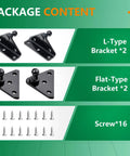 Heavy Duty 10mm Ball Stud Mounting Brackets For Gas Struts 4 Piece Galvanized Steel Kit With 16 Screws laid out showing L and Flat brackets.