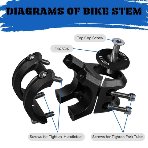 Diagram of Short Mountain Bike Stem for 31.8mm Handlebars and 1 1/8 Inch Steerer, 35mm Length, 0 Degree Rise, Aluminum Alloy, Black