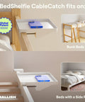 Bedside Shelf For Dorm Room With Cable Catch White Dope Space Saving Nightstand Organizer For Cables And Chargers Eco Friendly Plastic Build Two Point Eight Inch Clamp For Secure Mount, shown on bunk bed
