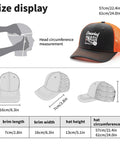Cool Hats Unisex Breathable Trucker Cap With Adjustable Buckle size chart and design details shown next to the cap