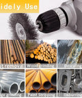 3 Pack Brass Coated Wire Wheel Brush Kit For Drill With 1/4 Inch Shank, Crimped Cup Brush showing multiple uses on metal and wood